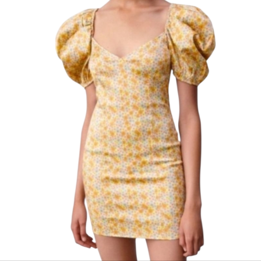 Zara Floral Puff Sleeve Satin Effect Mini Dress  Size Small